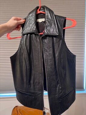 Ann Taylor Black Leather Zip Vest with Notched Collar